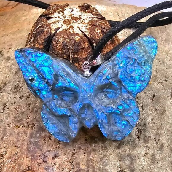 Nature Labradorite Carved Hidden Skull Butterfly Pendant Necklace - Picture 1 of 10